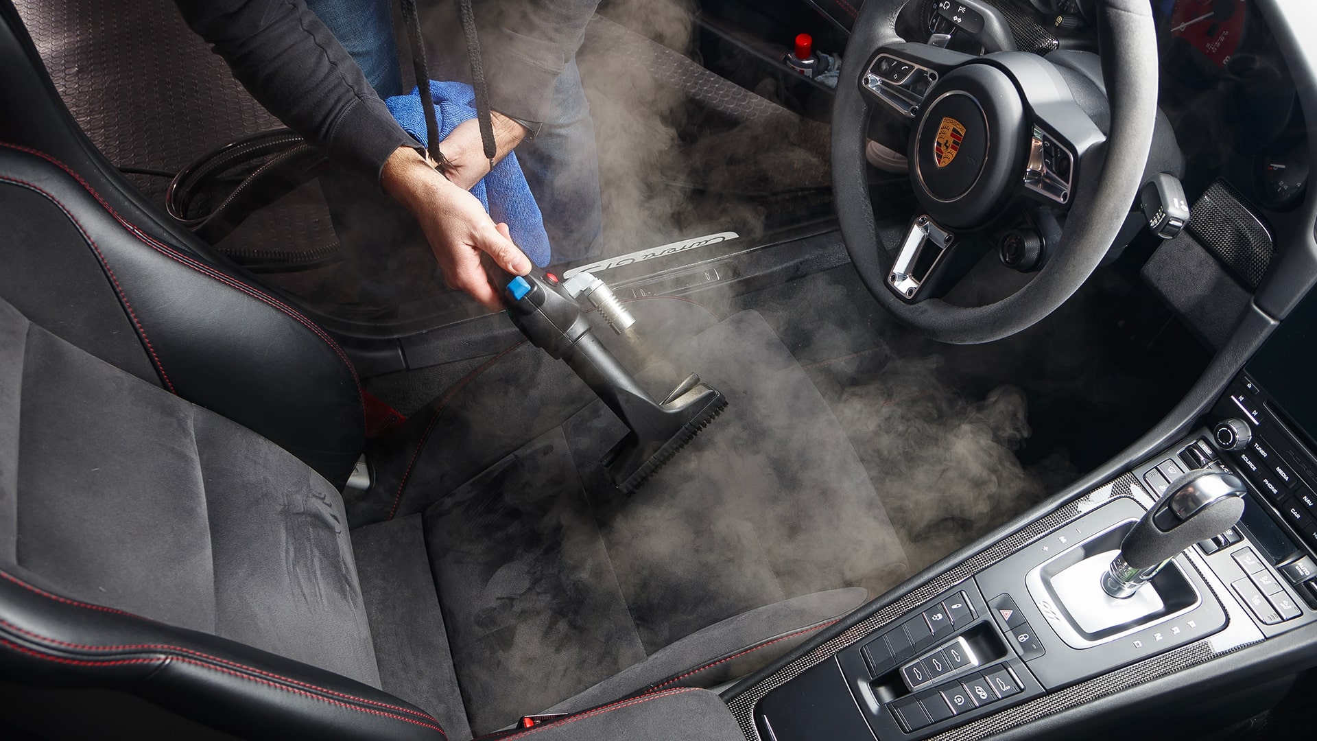 Steam car interior sanitization of a Porsche seat